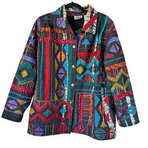 Chicos Design Vintage Embroidered Artsy Silk Patchwork Denim Jacket Size XL